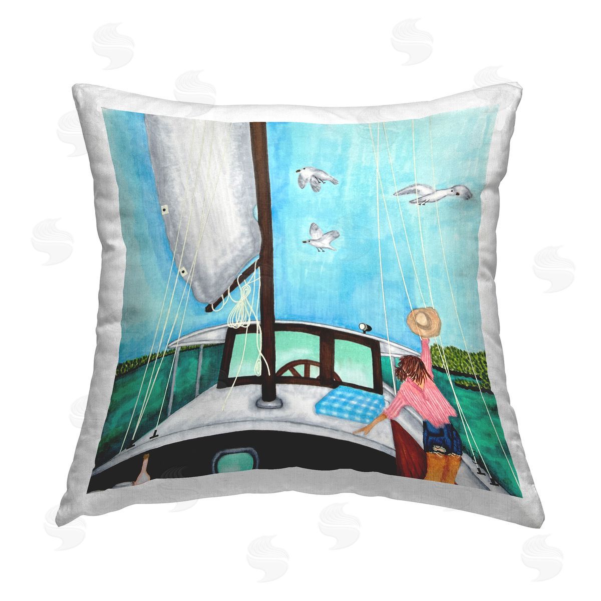 Ale Saiz Studio Woman on Summer Boat Printed Plush Polyester Throw Pillow