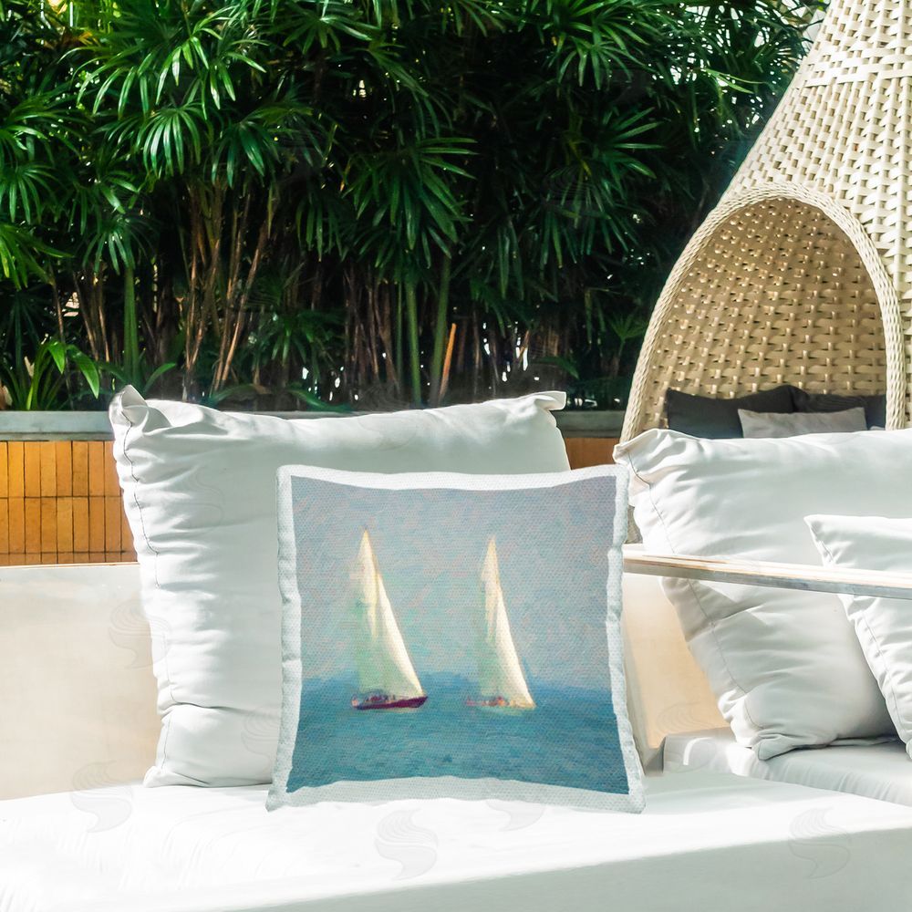 Graffitee Studios Stormy Sailboat Seascape Outdoor Quick-Dry Polyester Printed Throw Pillow in Back Yard