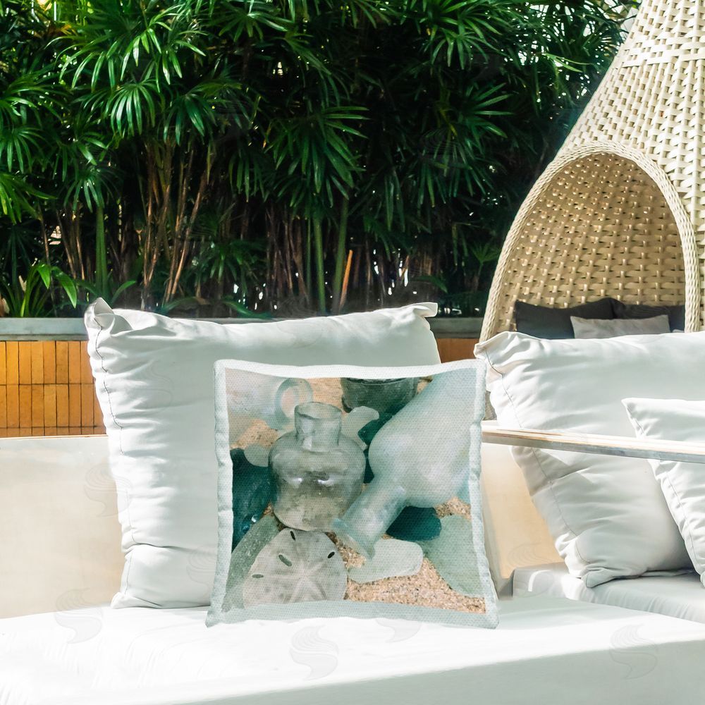 Graffitee Studios Beach Seaglass & Bottles Outdoor Quick-Dry Polyester Printed Throw Pillow in Back Yard