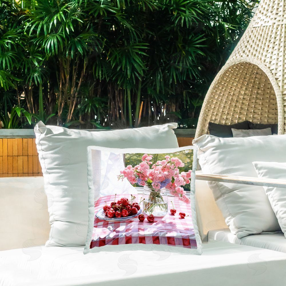 RB Cherry Blossoms & Cherries Outdoor Quick-Dry Polyester Printed Throw Pillow in Back Yard