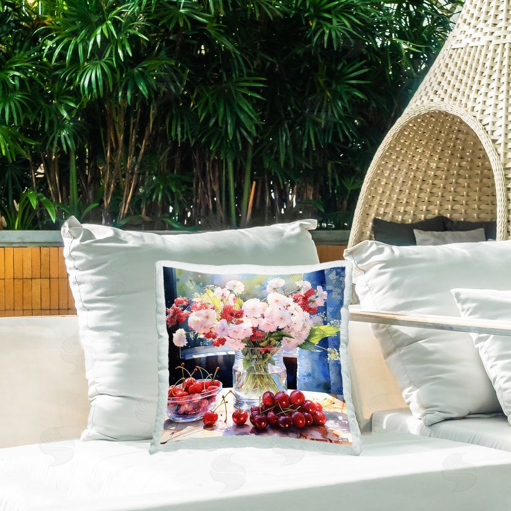 RB Bouquet & Summer Fruits Outdoor Quick-Dry Polyester Printed Throw Pillow in Back Yard