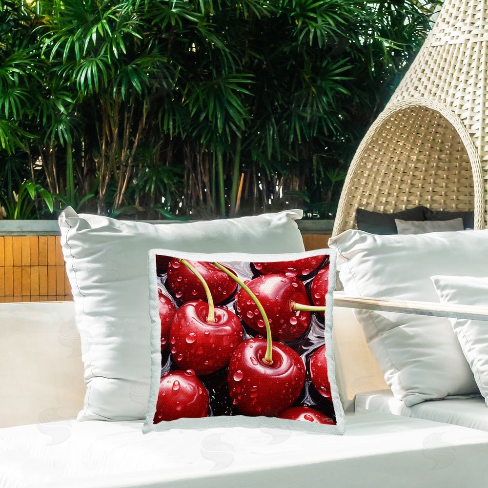 RB Water Droplets on Cherries Outdoor Quick-Dry Polyester Printed Throw Pillow in Back Yard