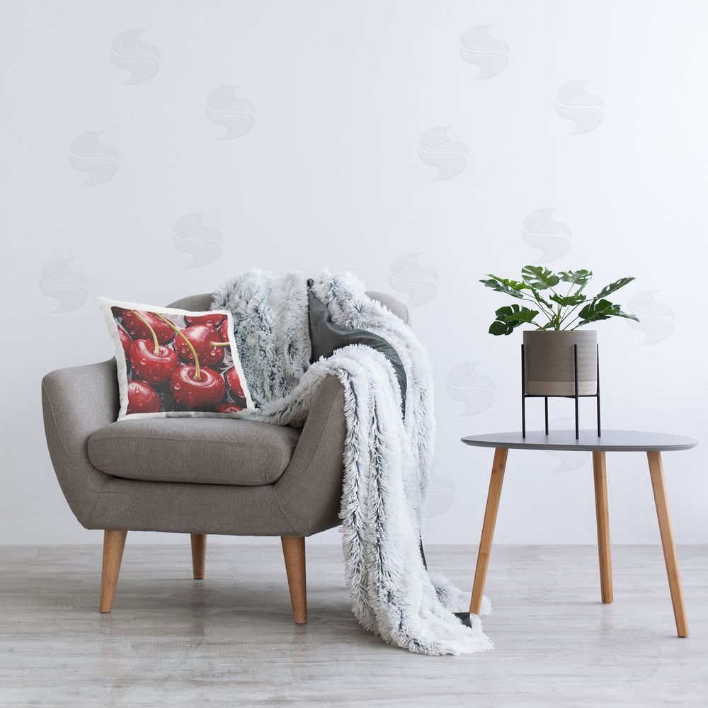 RB Water Droplets on Cherries Printed Plush Polyester Throw Pillow On Chair