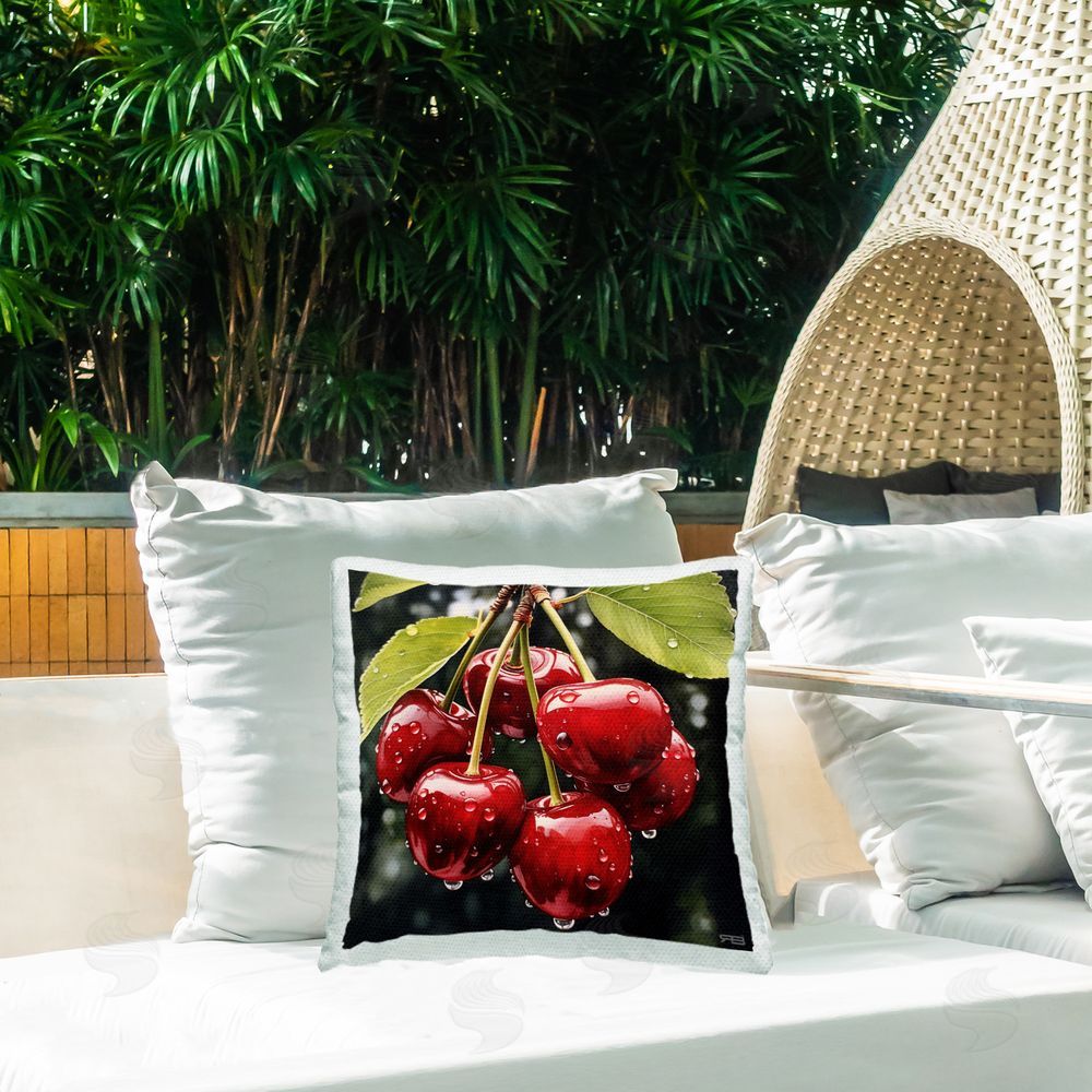 RB Lush Blooming Cherries Outdoor Quick-Dry Polyester Printed Throw Pillow in Back Yard