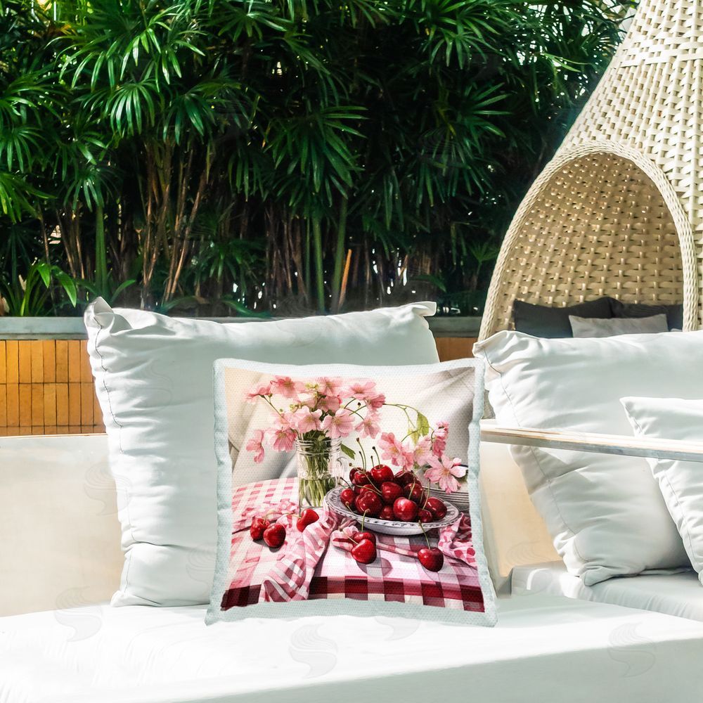 RB Ripe Cherries & Florals Outdoor Quick-Dry Polyester Printed Throw Pillow in Back Yard
