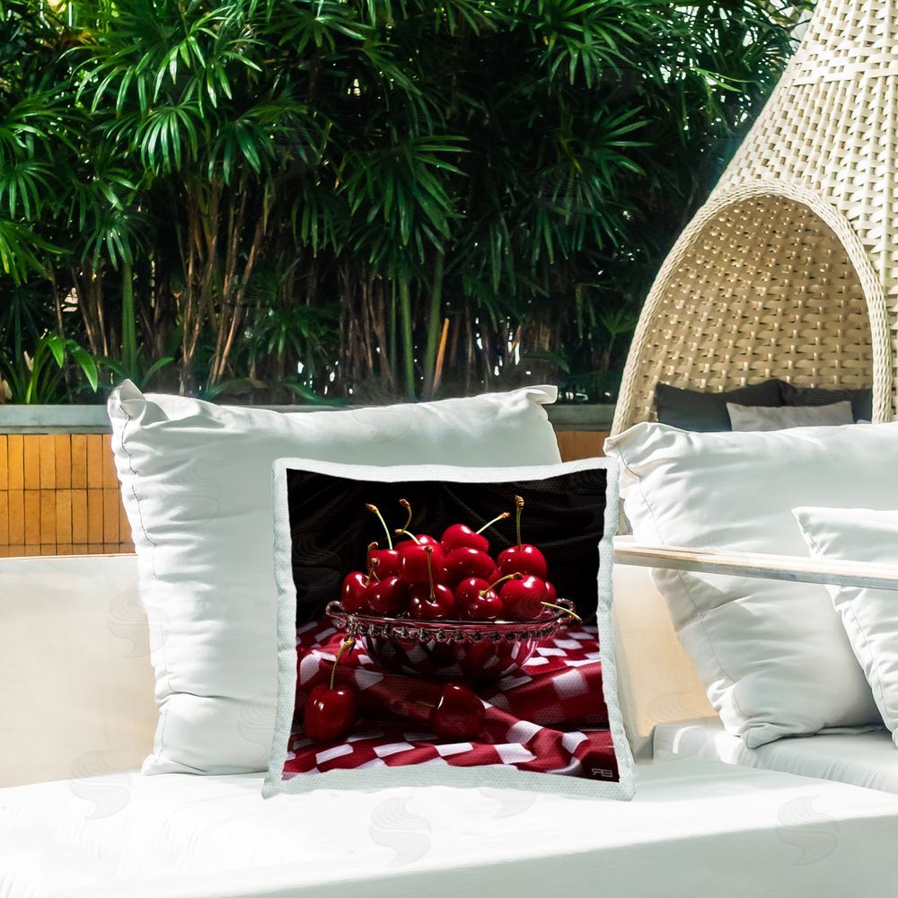 RB Cherries on Plaid Outdoor Quick-Dry Polyester Printed Throw Pillow in Back Yard