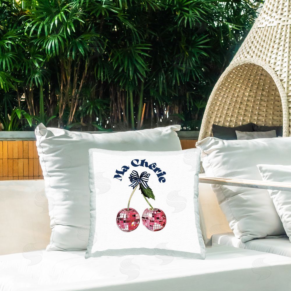 Amelia Noyes Glam Cherries on White Outdoor Quick-Dry Polyester Printed Throw Pillow in Back Yard