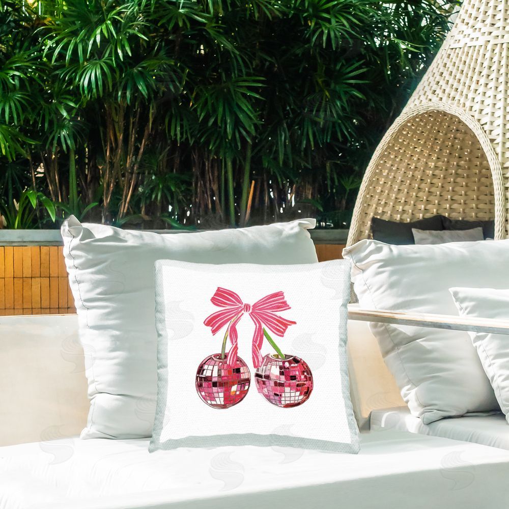 Amelia Noyes Glam Cherries with Bow Outdoor Quick-Dry Polyester Printed Throw Pillow in Back Yard