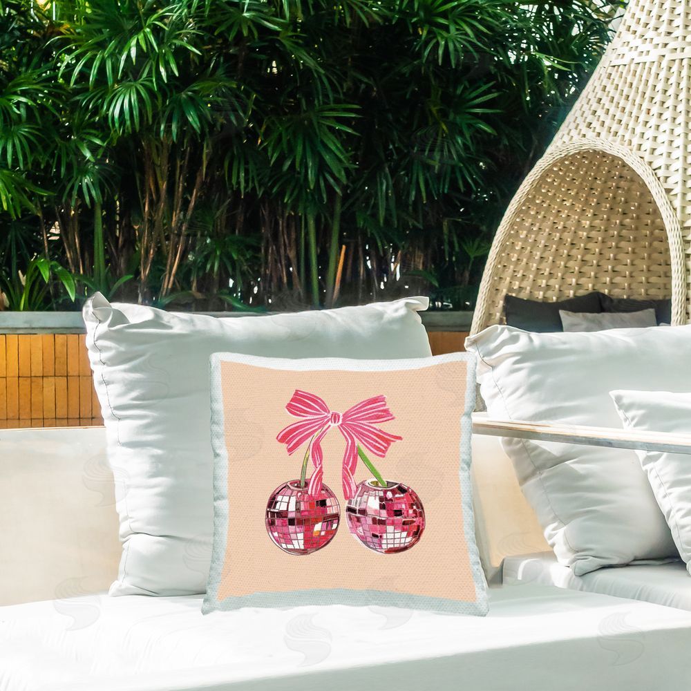 Amelia Noyes Cherries with Ribbon Outdoor Quick-Dry Polyester Printed Throw Pillow in Back Yard