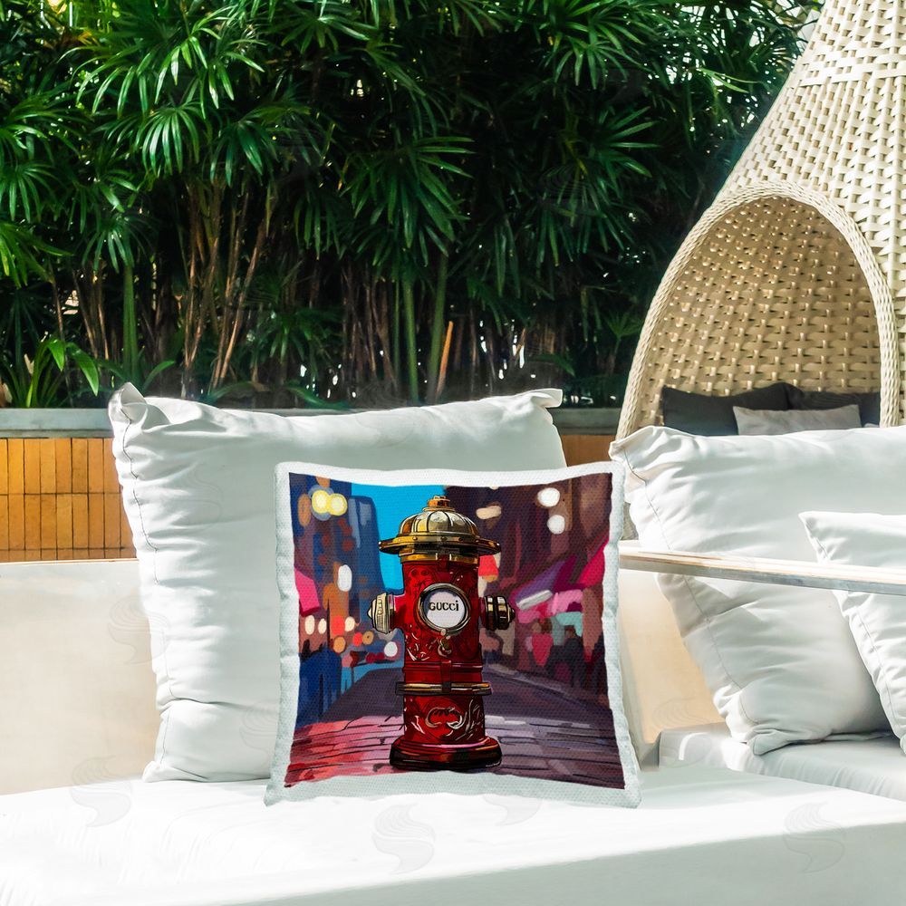 Amelia Noyes Bold Fashion Hydrant Outdoor Quick-Dry Polyester Printed Throw Pillow in Back Yard
