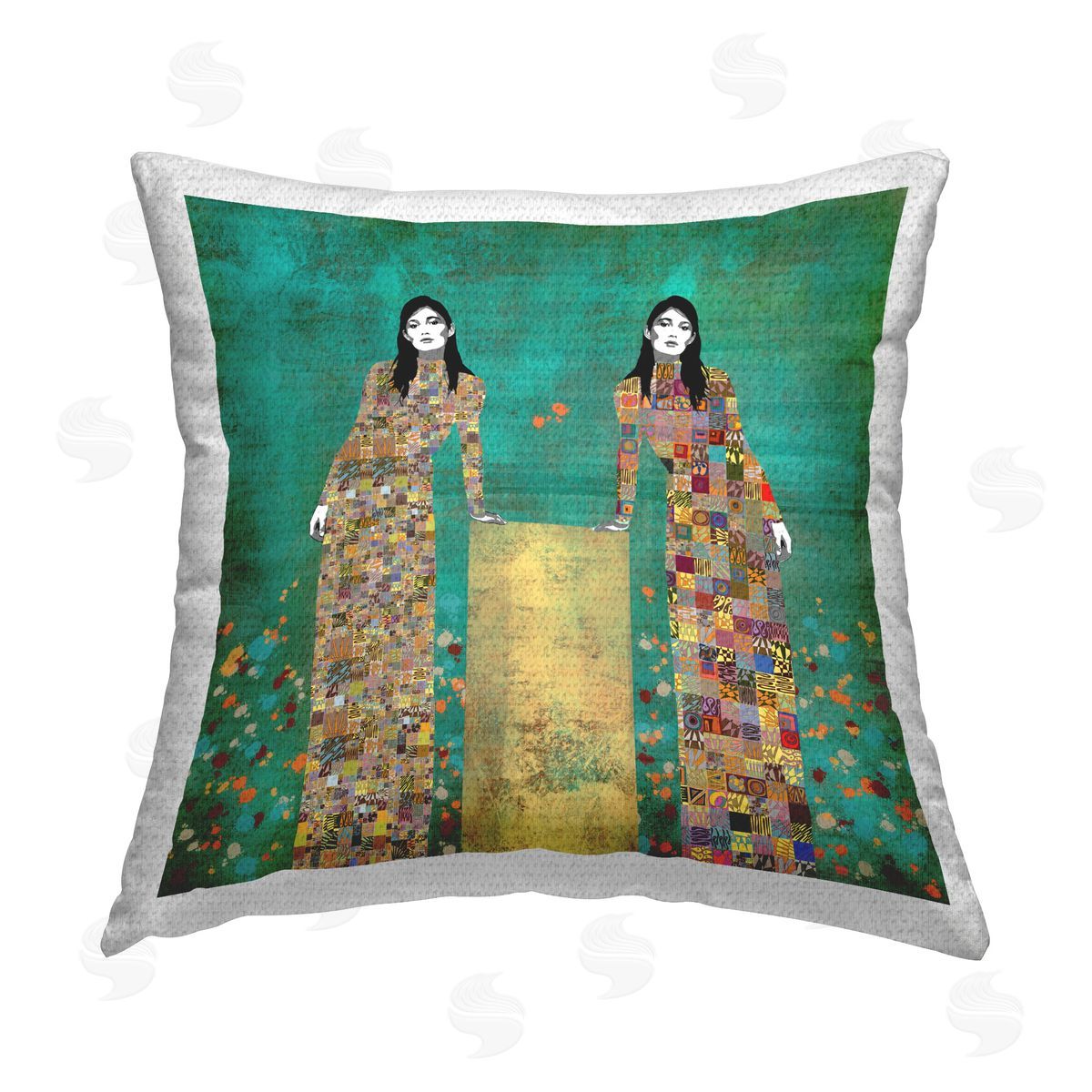 Jose Cacho Women with Geometric Gowns Outdoor Quick-Dry Polyester Printed Throw Pillow