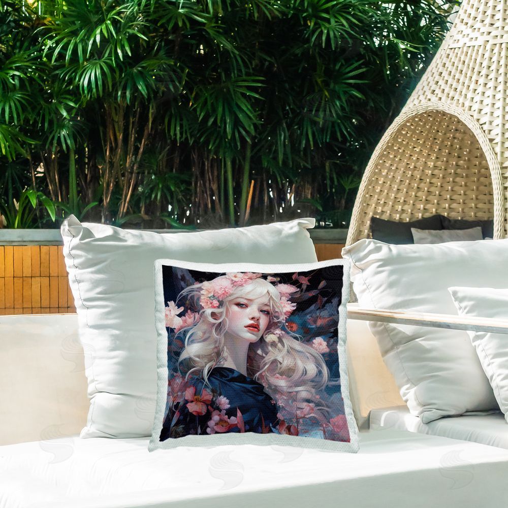 RB Pink Blooming Girl Outdoor Quick-Dry Polyester Printed Throw Pillow in Back Yard