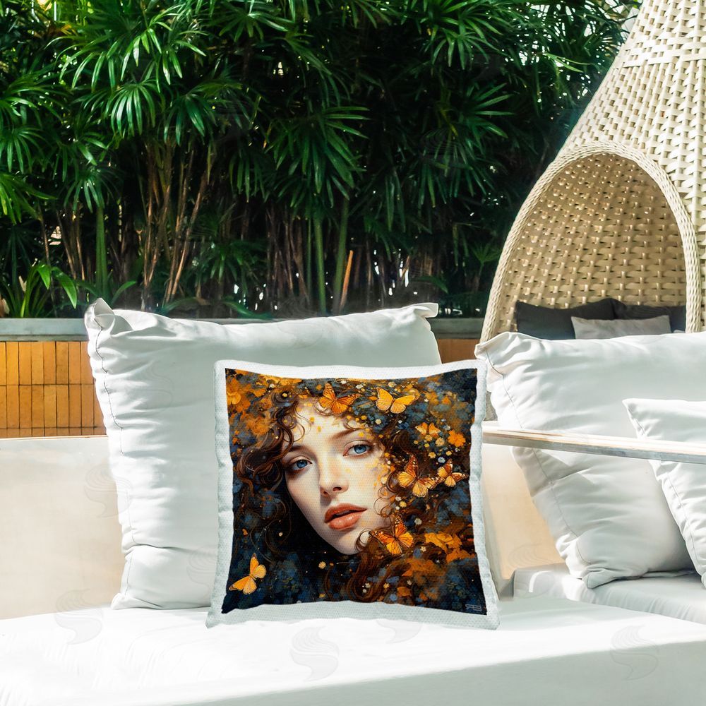 RB Elegant Girl & Butterflies Outdoor Quick-Dry Polyester Printed Throw Pillow in Back Yard