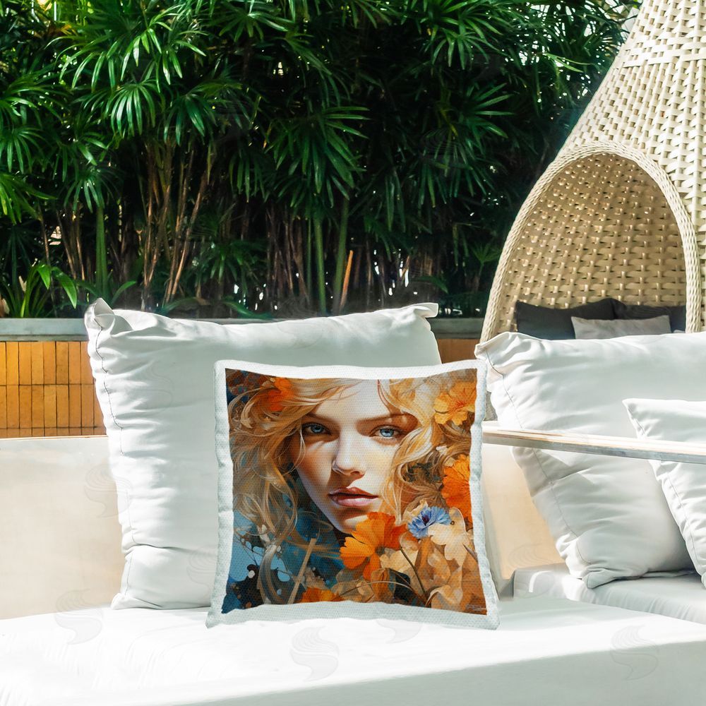 RB Girl with Orange Blooms Outdoor Quick-Dry Polyester Printed Throw Pillow in Back Yard