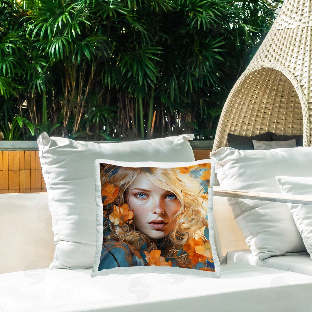 RB Girl with Orange Foliage Outdoor Quick-Dry Polyester Printed Throw Pillow in Back Yard