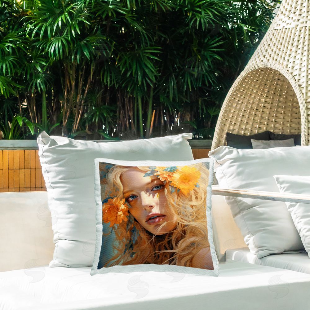RB Blonde Woman & Blooms Outdoor Quick-Dry Polyester Printed Throw Pillow in Back Yard