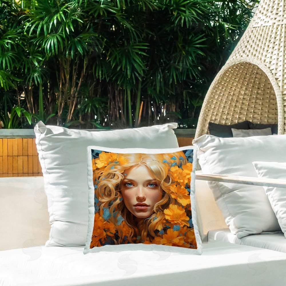 RB Orange Floral Girl Outdoor Quick-Dry Polyester Printed Throw Pillow in Back Yard