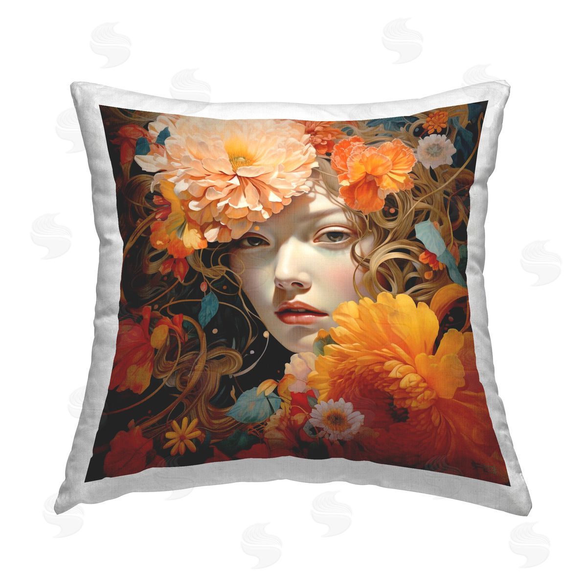 RB Gazing Girl & Florals Printed Plush Polyester Throw Pillow