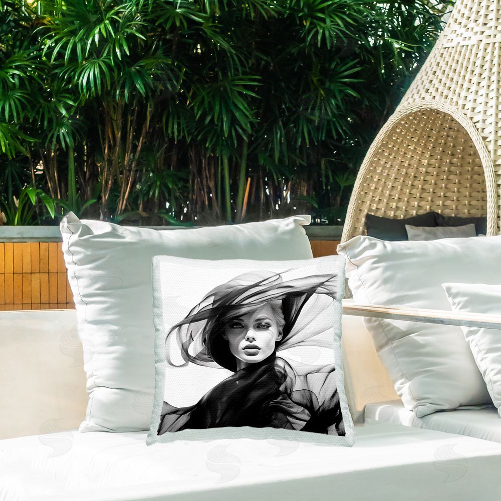 RB Woman with Chic Hat Outdoor Quick-Dry Polyester Printed Throw Pillow in Back Yard
