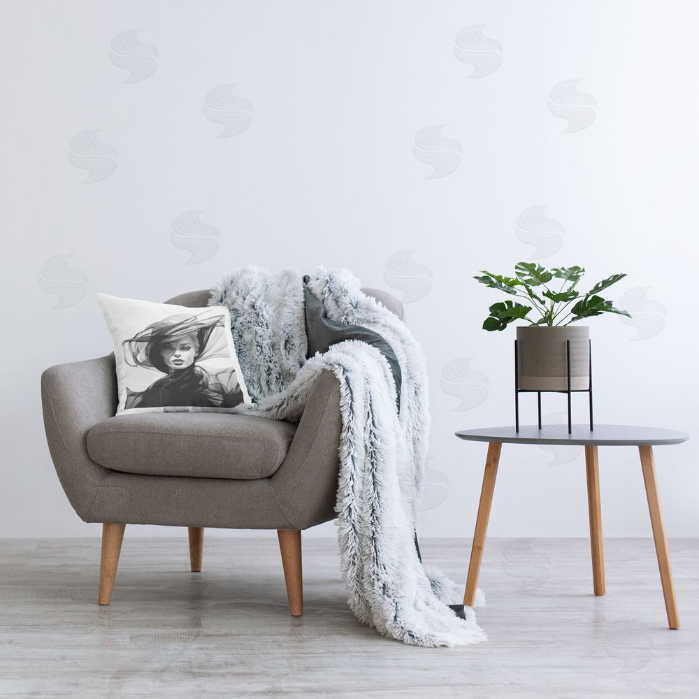 RB Woman with Chic Hat Printed Plush Polyester Throw Pillow On Chair