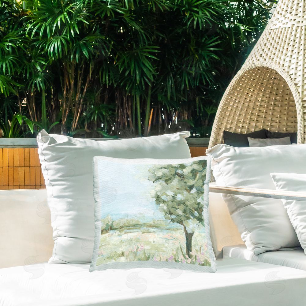 June Erica Vess Rural Field with Tree Outdoor Quick-Dry Polyester Printed Throw Pillow in Back Yard