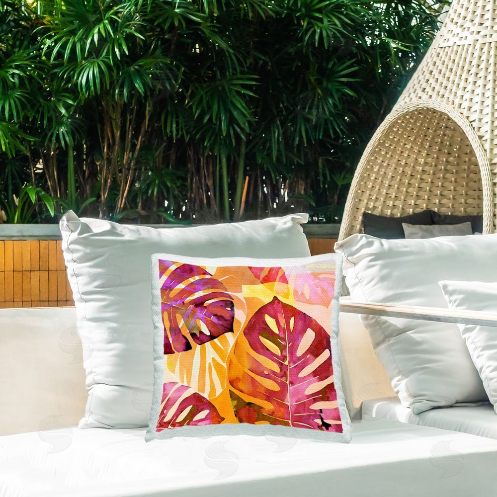 Andrea Haase Pink & Orange Leaves Outdoor Quick-Dry Polyester Printed Throw Pillow in Back Yard