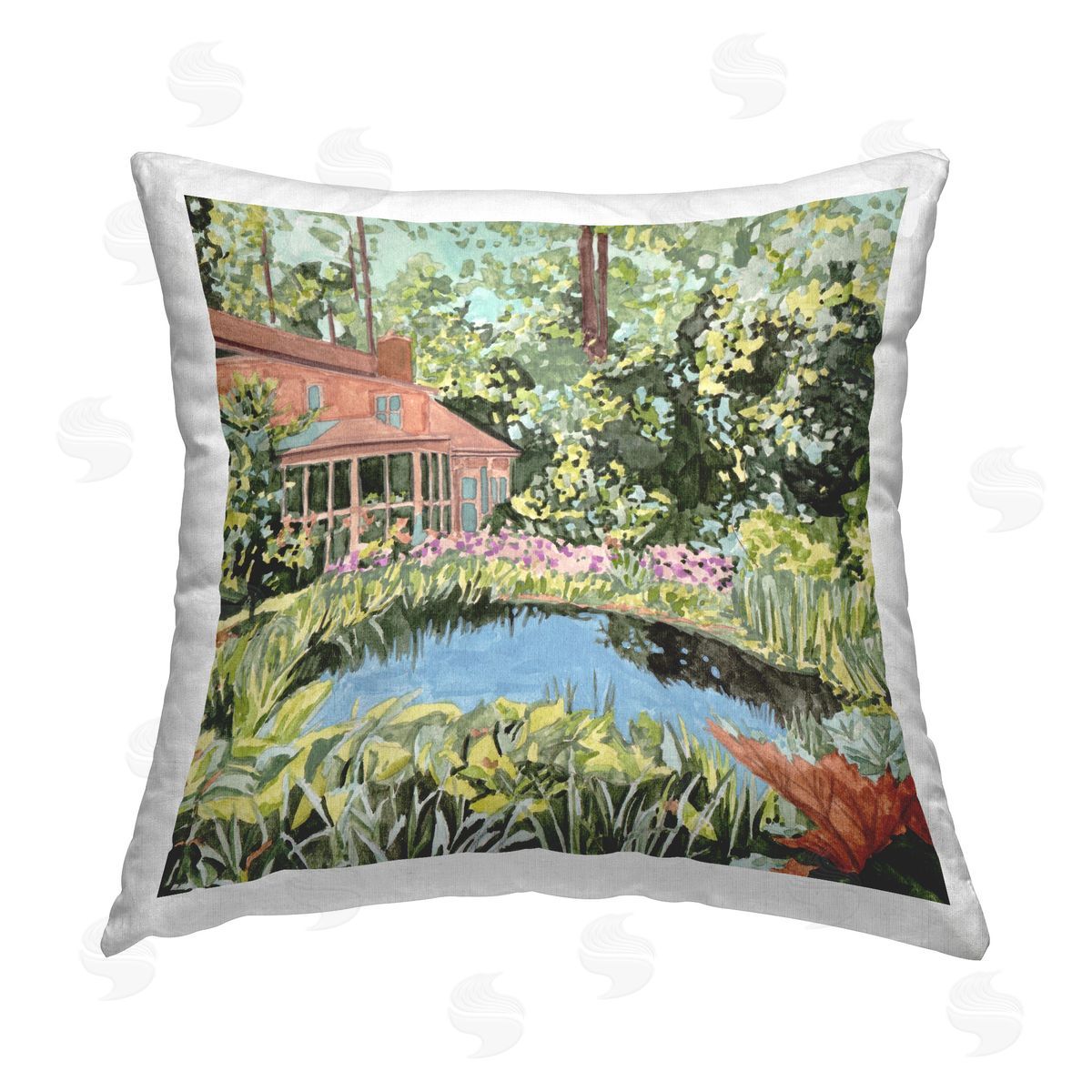 Melissa Wang Cottage with Garden Pond Printed Plush Polyester Throw Pillow
