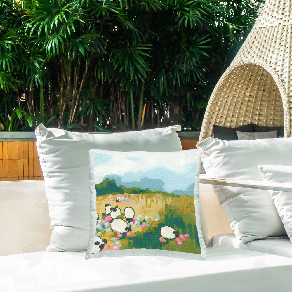 June Erica Vess Round Rural Sheep Outdoor Quick-Dry Polyester Printed Throw Pillow in Back Yard