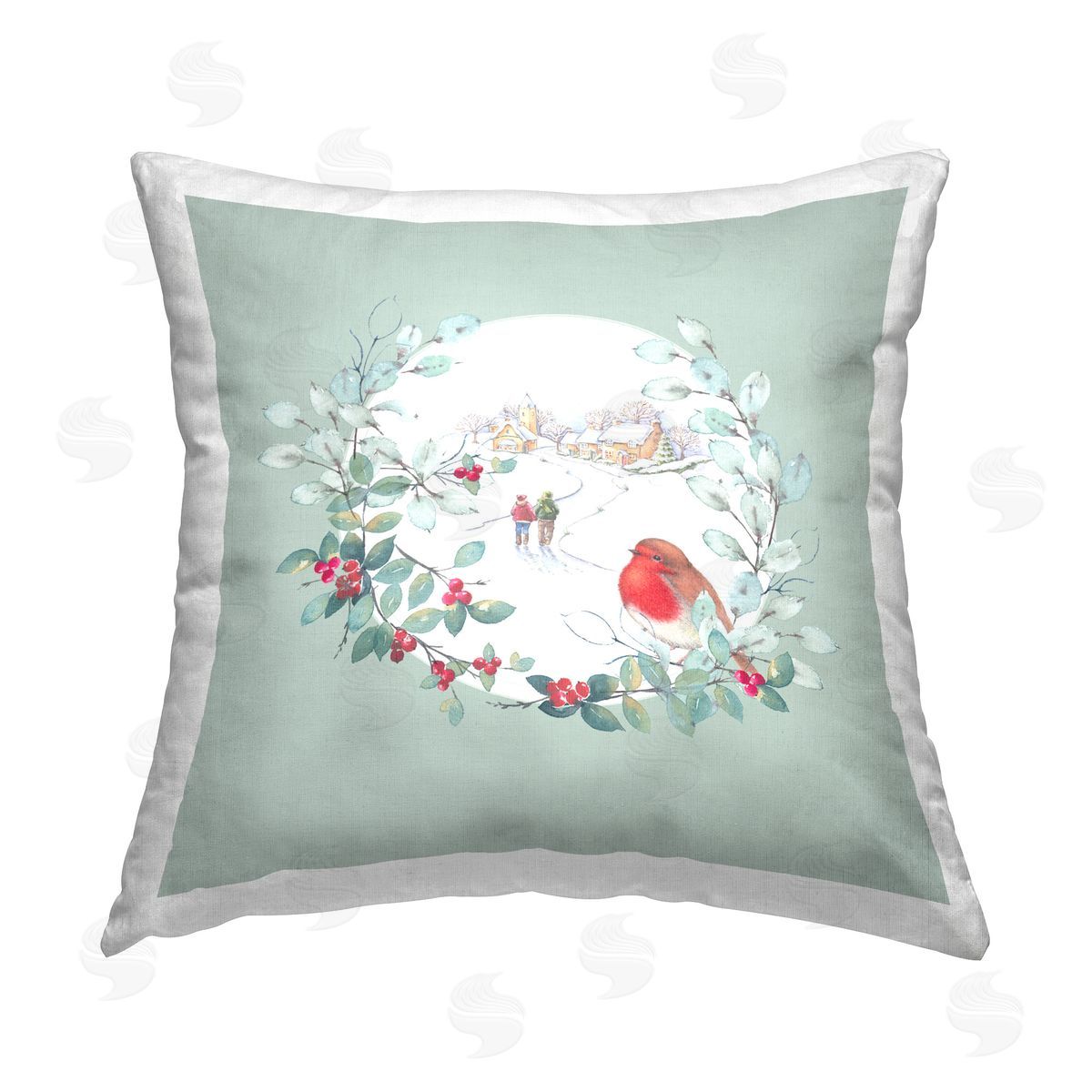 Julie Clay Snow Scene with Border Printed Plush Polyester Throw Pillow