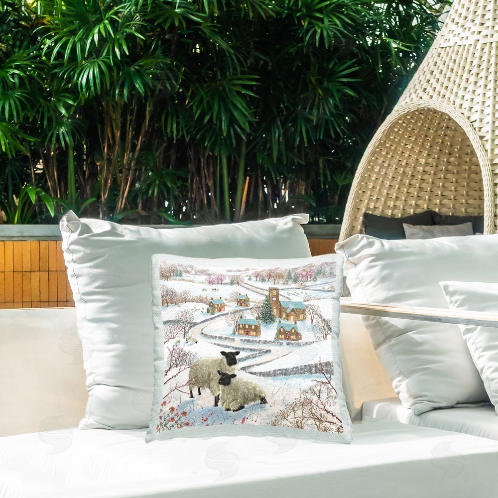 Pip Wilson Winter Town Scenery Outdoor Quick-Dry Polyester Printed Throw Pillow in Back Yard