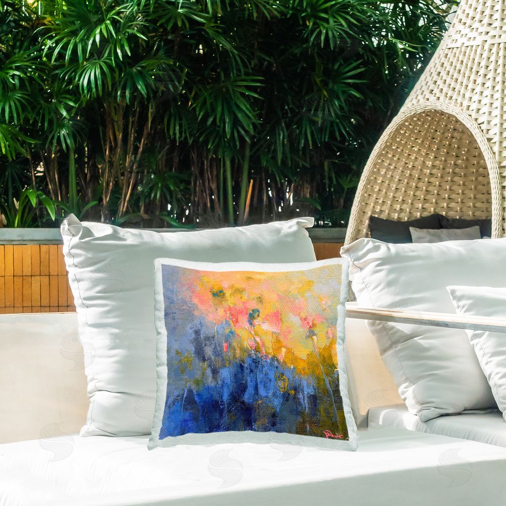 Patrick Dennis Vivid Abstract Blossoms Outdoor Quick-Dry Polyester Printed Throw Pillow in Back Yard