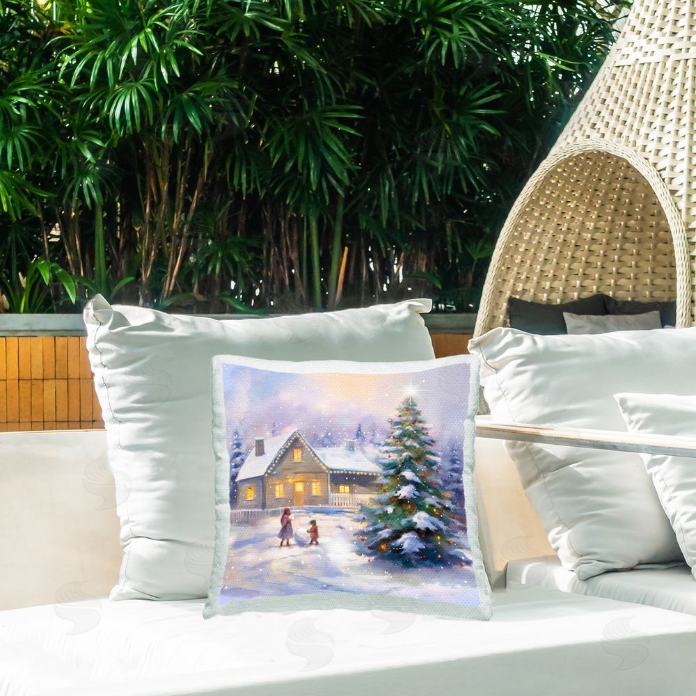Enrico McGarrigle Kids Making Snowman Outdoor Quick-Dry Polyester Printed Throw Pillow in Back Yard