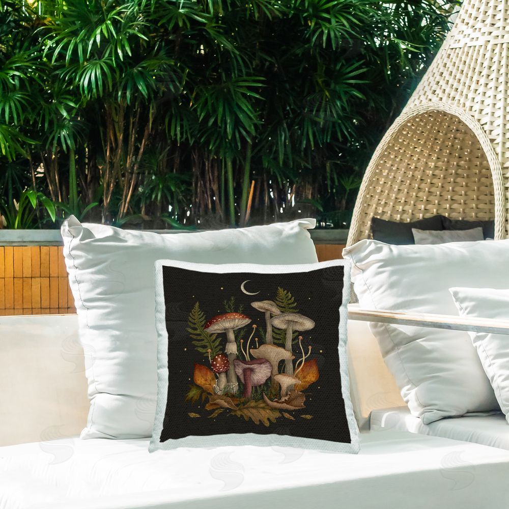Episodic Drawings Detailed Woodland Mushrooms Outdoor Quick-Dry Polyester Printed Throw Pillow in Back Yard