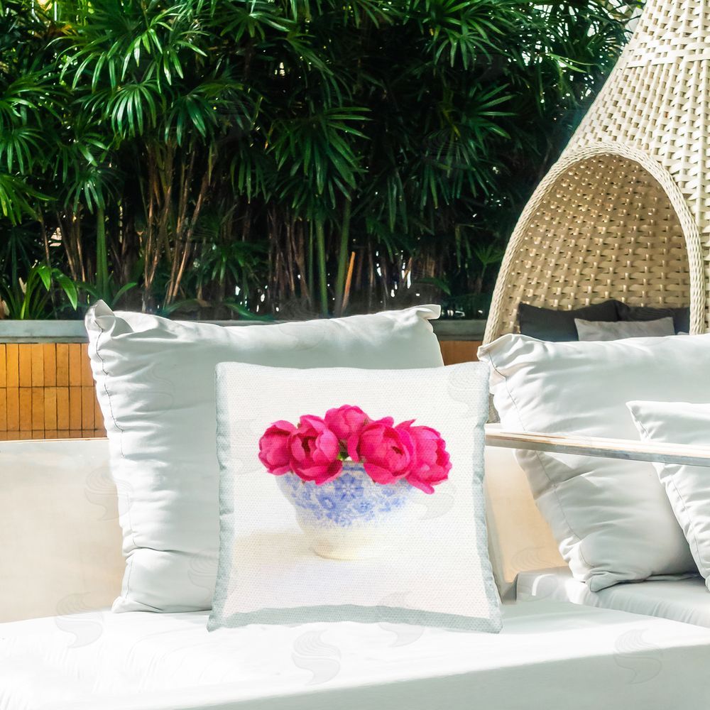 Graffitee Studios Roses in White Pottery Outdoor Quick-Dry Polyester Printed Throw Pillow in Back Yard