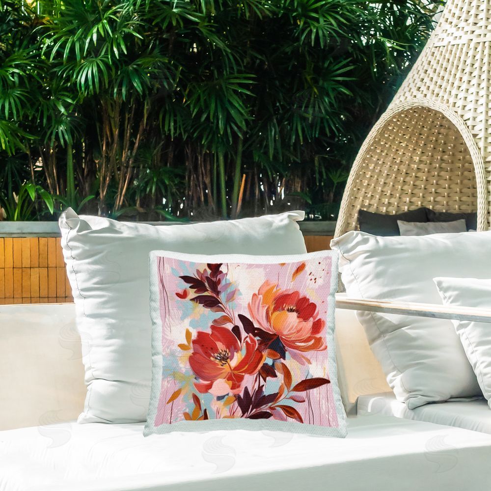 Lazar Studio Modern Red Flower Collage Outdoor Quick-Dry Polyester Printed Throw Pillow in Back Yard