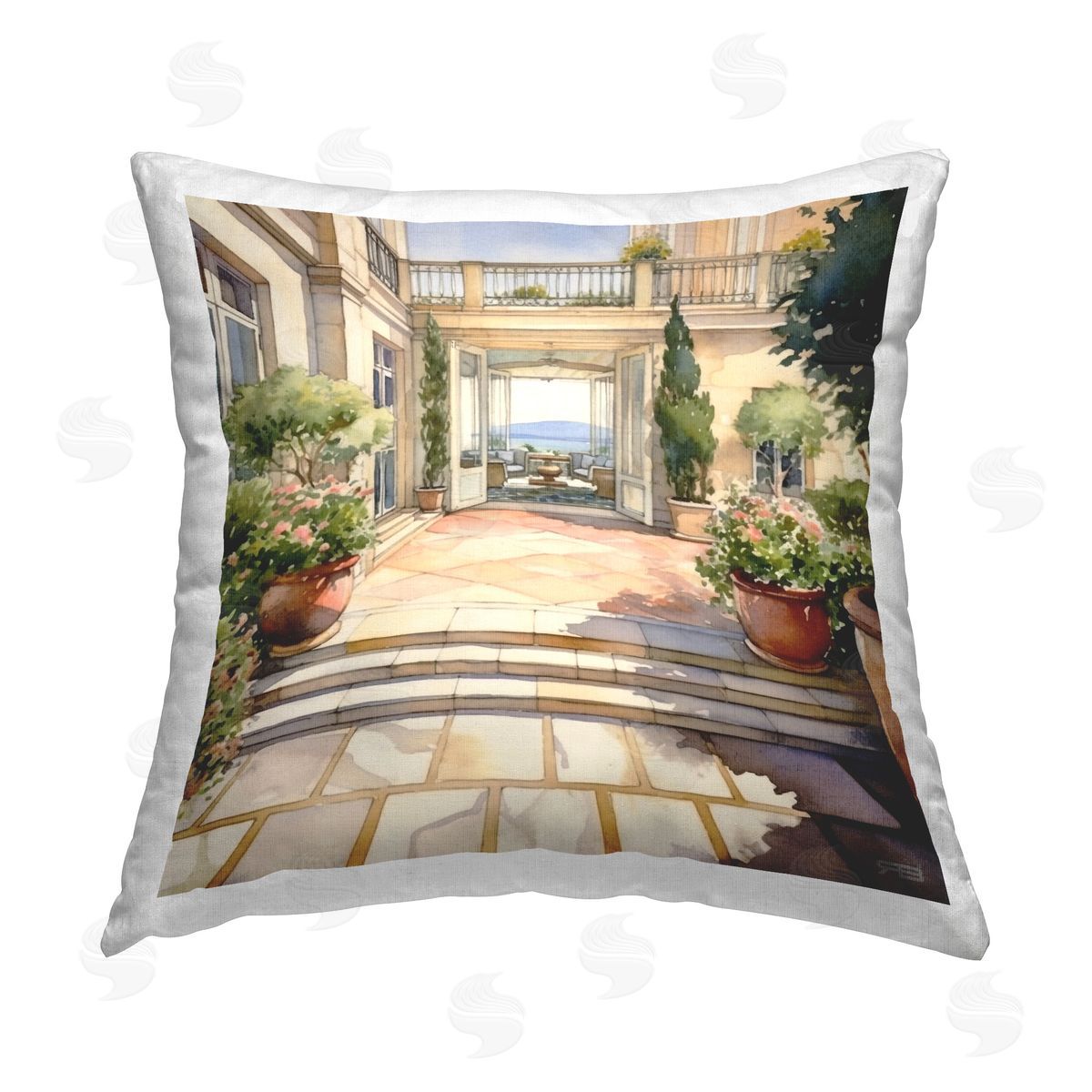 RB European Terrace Architecture Printed Plush Polyester Throw Pillow