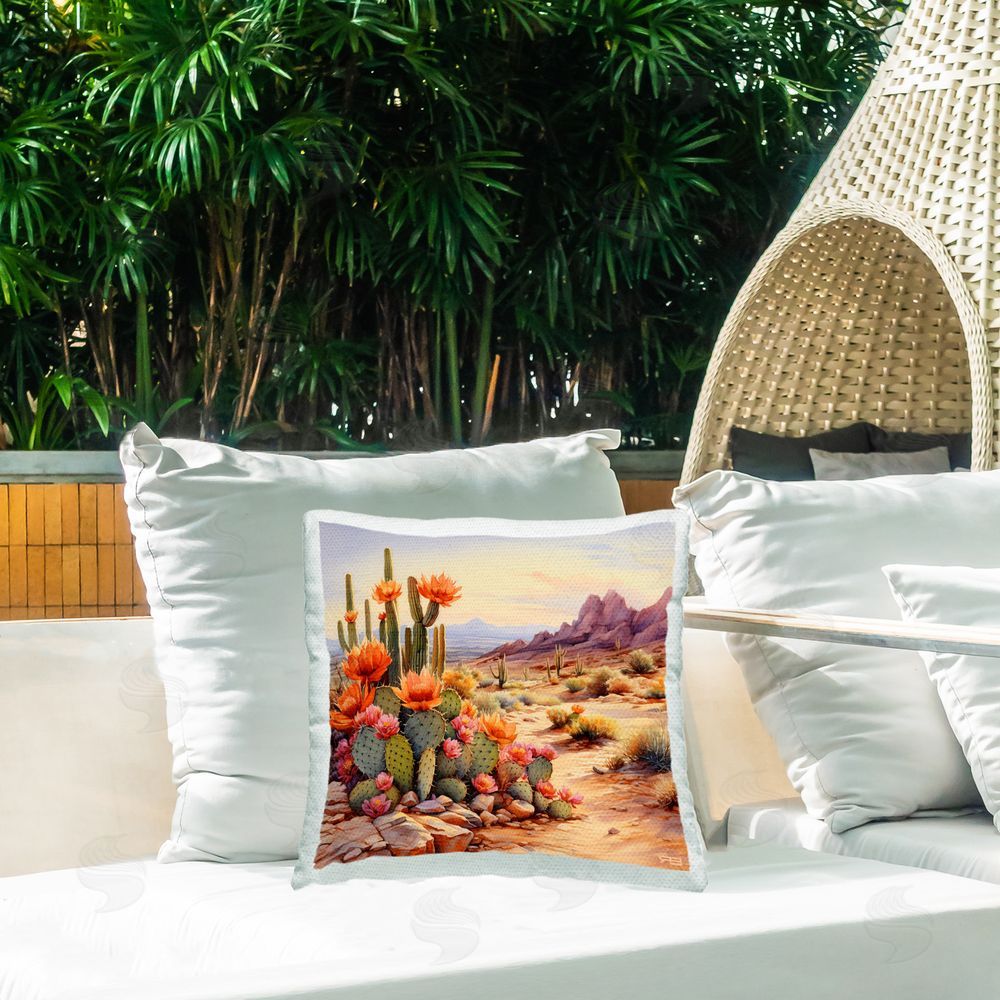 RB Southwestern Cactus Bunches Outdoor Quick-Dry Polyester Printed Throw Pillow in Back Yard