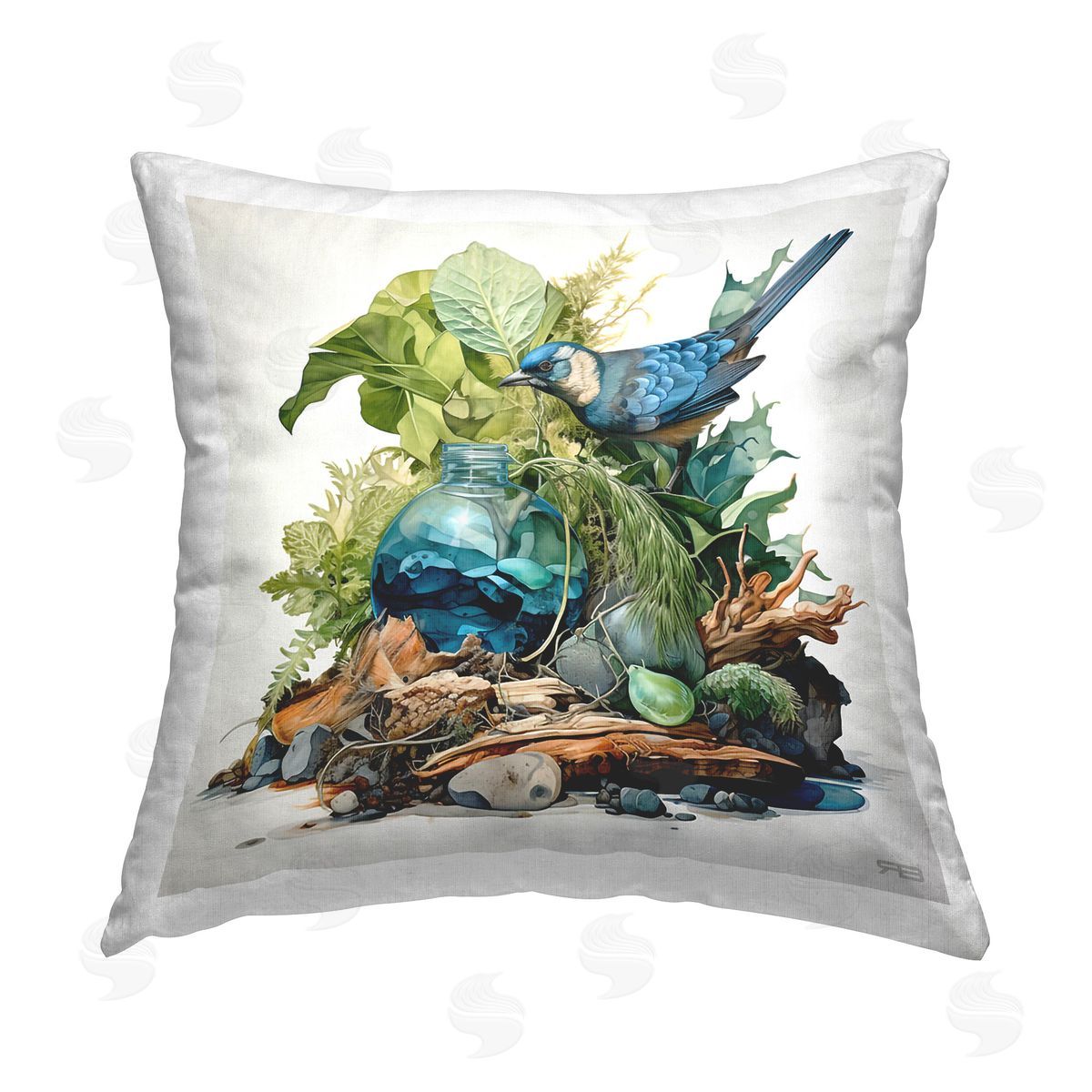 RB Nature Arrangement with Bird Printed Plush Polyester Throw Pillow