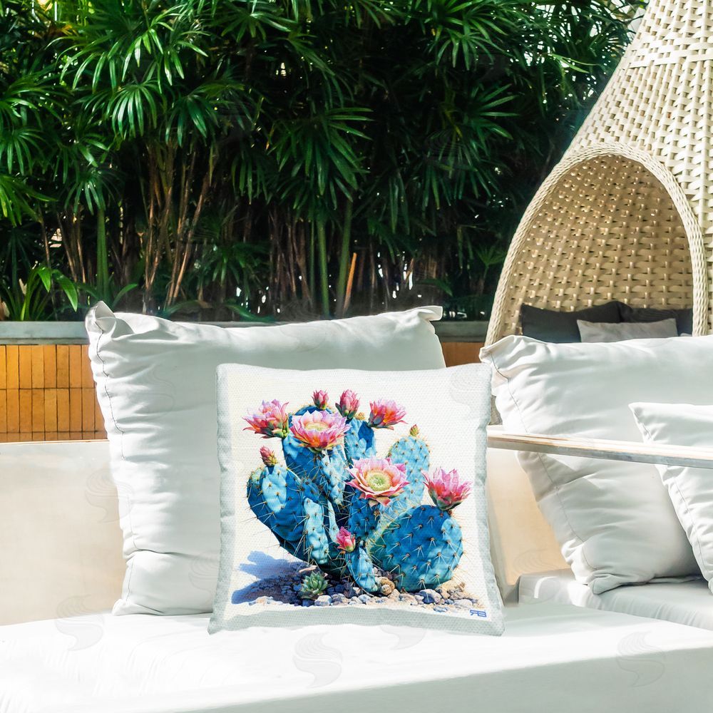 RB Rosy Cactus Blooms Outdoor Quick-Dry Polyester Printed Throw Pillow in Back Yard