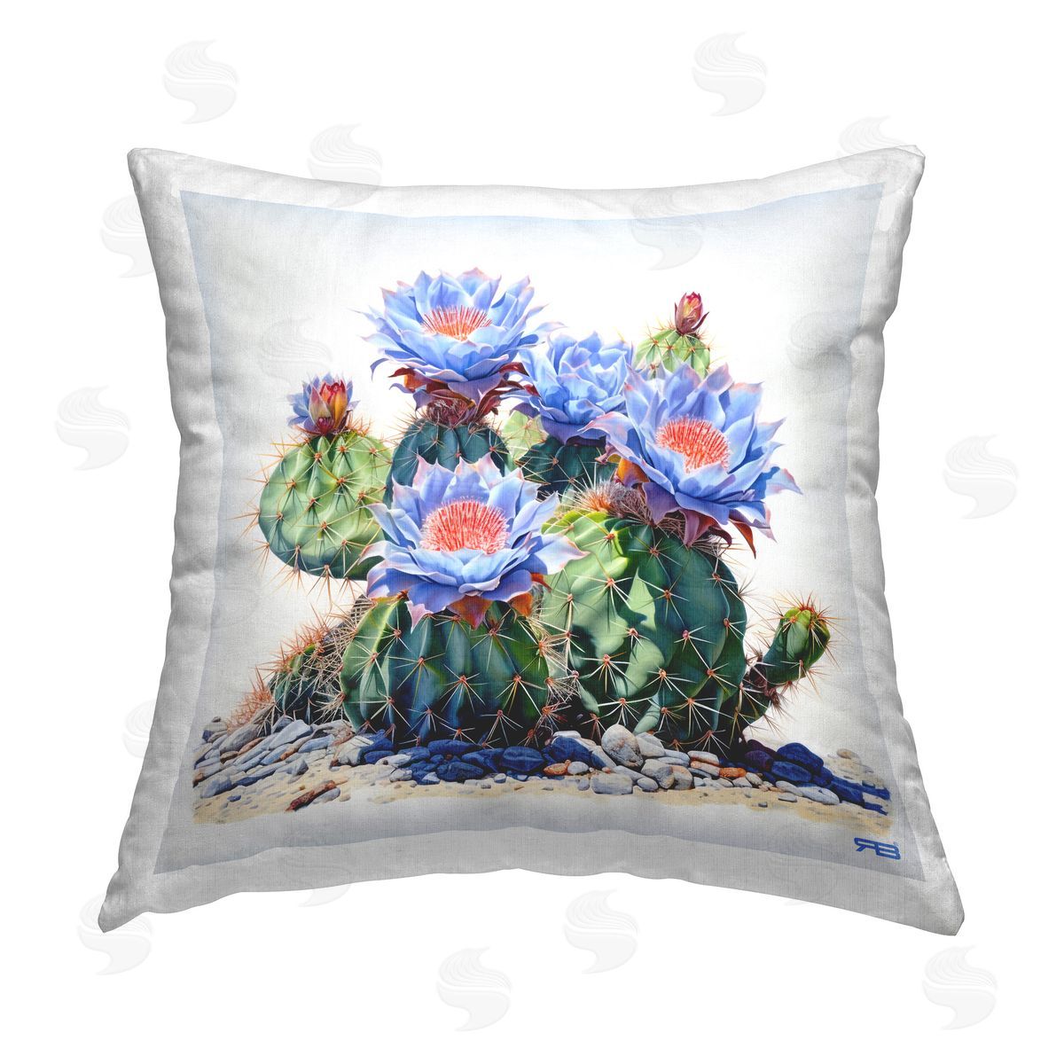 RB Cactus with Blue Blooms Printed Plush Polyester Throw Pillow