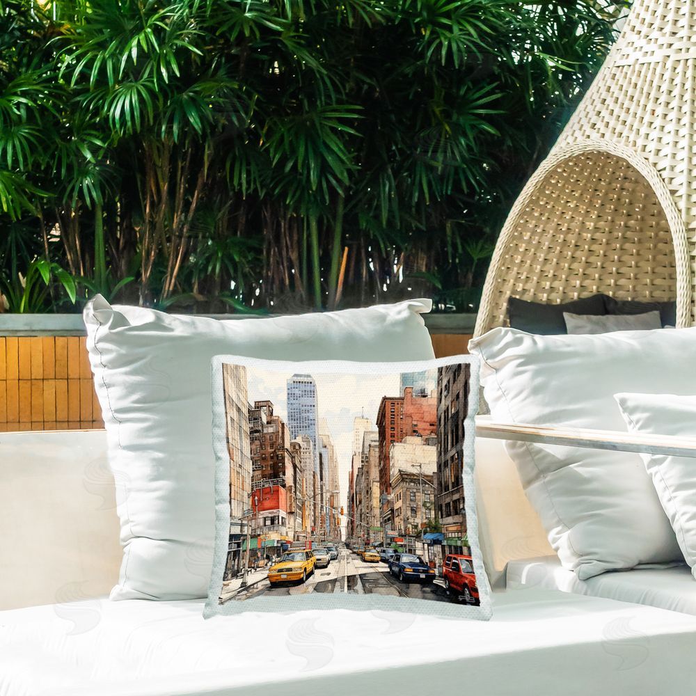 RB Busy Metropolis Scene Outdoor Quick-Dry Polyester Printed Throw Pillow in Back Yard