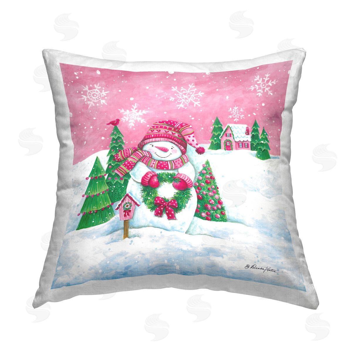 Diane Kater Winter Snowman & Cottage Printed Plush Polyester Throw Pillow