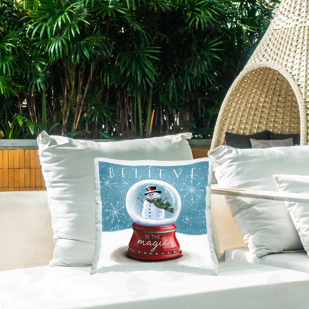Elizabeth Tyndall Believe Snowglobe Phrase Outdoor Quick-Dry Polyester Printed Throw Pillow in Back Yard
