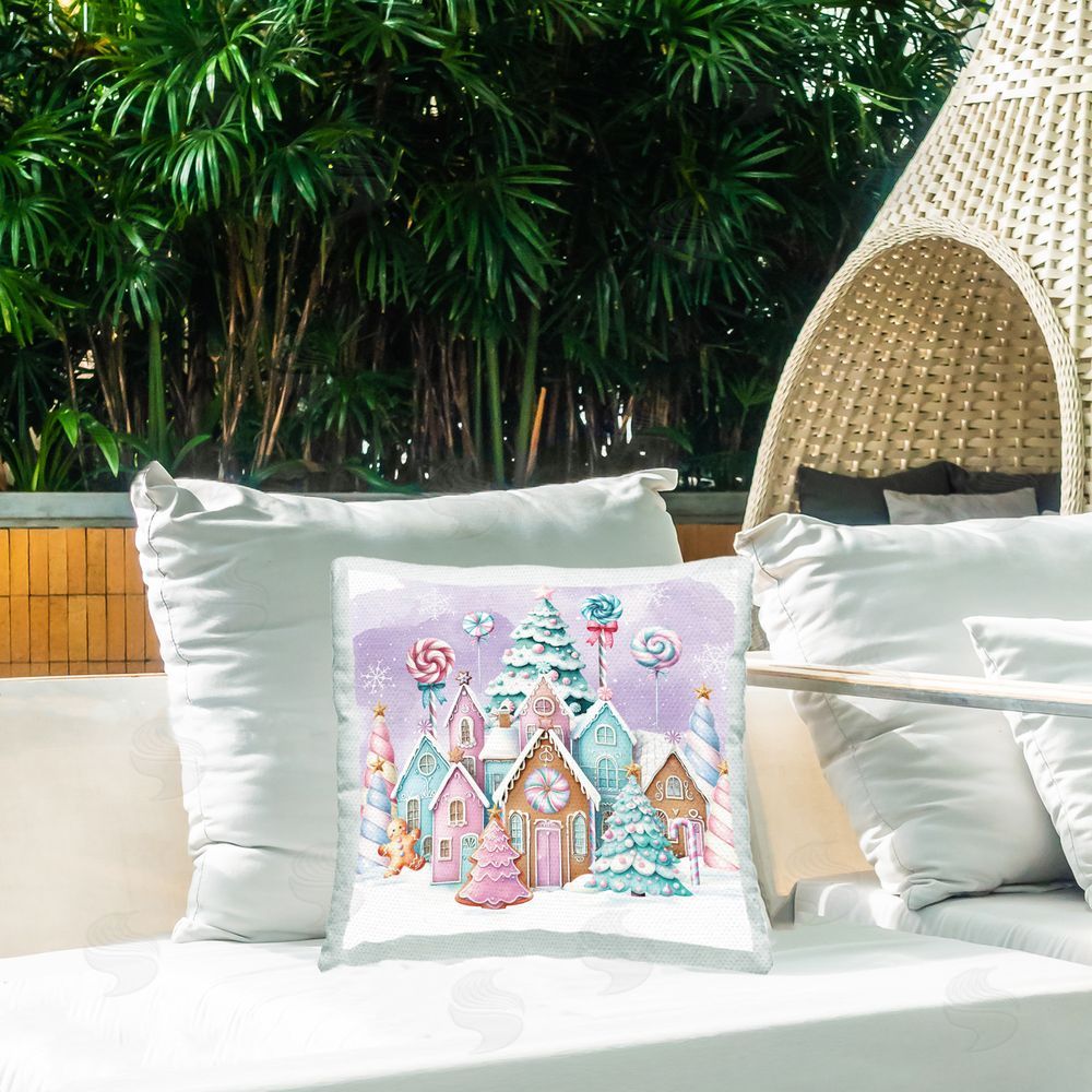 Nicole DeCamp Snowy Gingerbread House Outdoor Quick-Dry Polyester Printed Throw Pillow in Back Yard