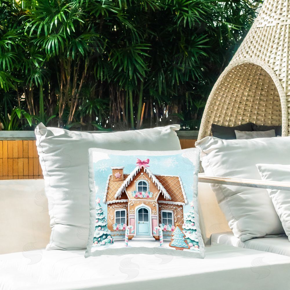 Nicole DeCamp Gingerbread House Scene Outdoor Quick-Dry Polyester Printed Throw Pillow in Back Yard