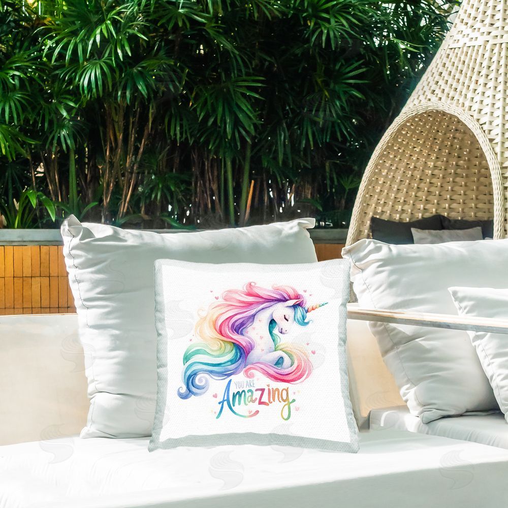 Amanda Greenwood Amazing Pastel Unicorn Outdoor Quick-Dry Polyester Printed Throw Pillow in Back Yard