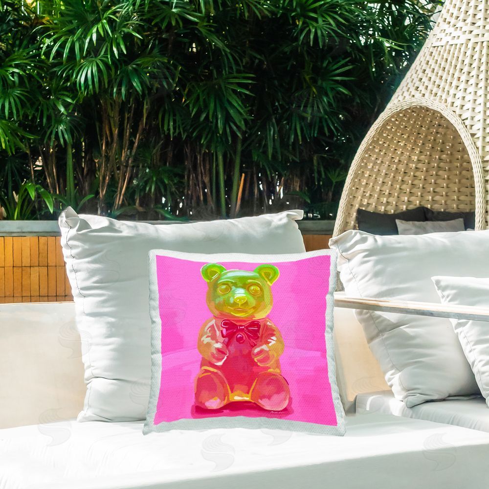 Amelia Noyes Bright Candy Bear Outdoor Quick-Dry Polyester Printed Throw Pillow in Back Yard