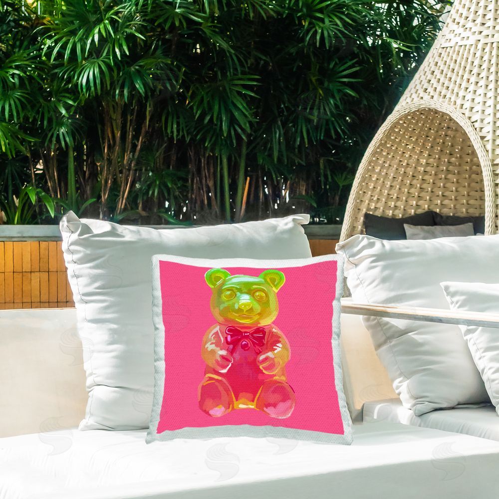 Amelia Noyes Pink Candy Bear Outdoor Quick-Dry Polyester Printed Throw Pillow in Back Yard
