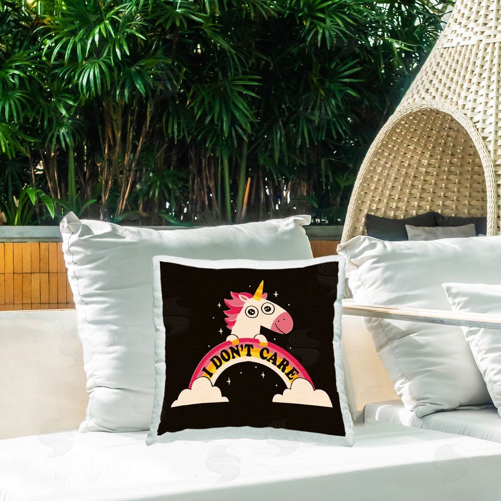 Michael Buxton Don't Care Unicorn Outdoor Quick-Dry Polyester Printed Throw Pillow in Back Yard