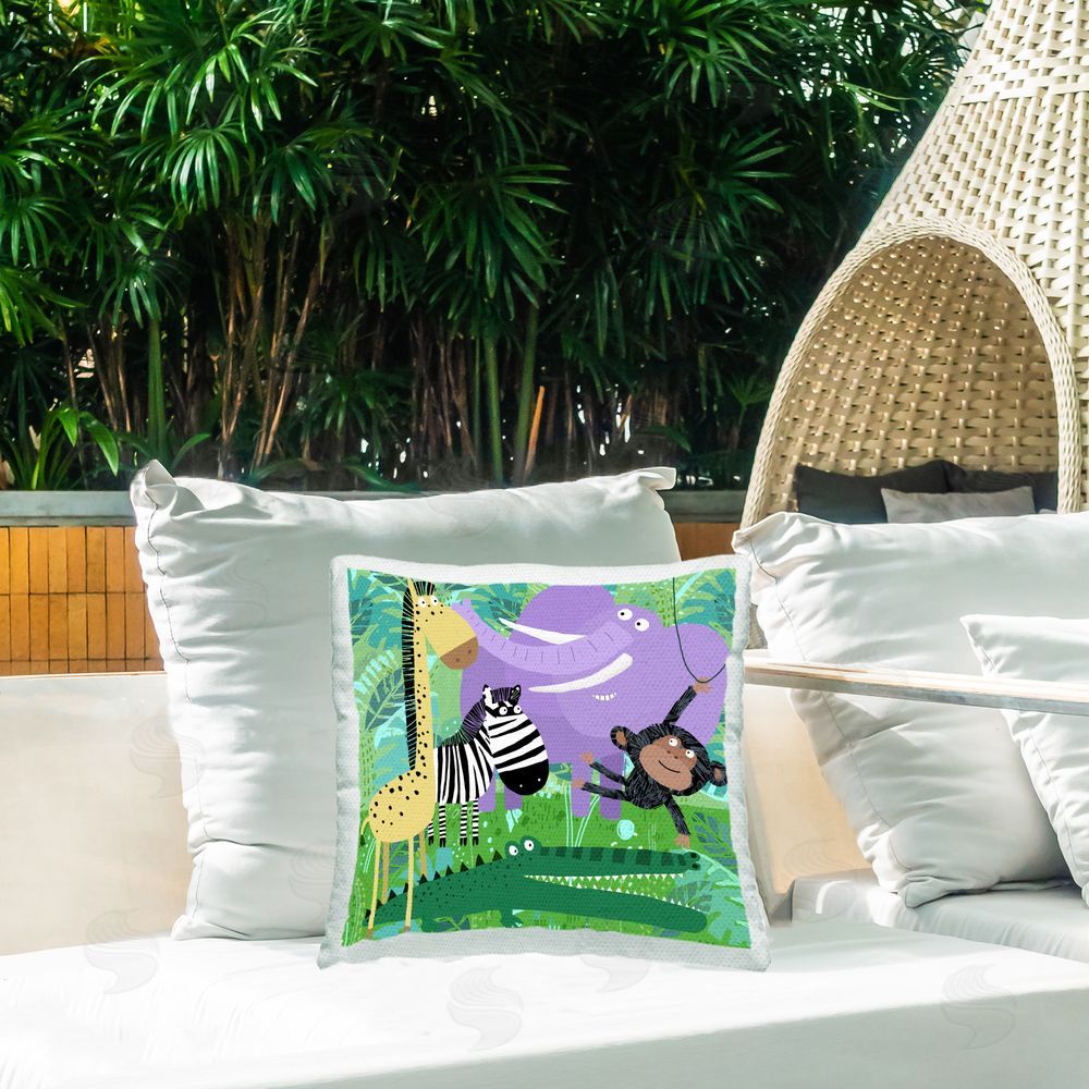 Carla Daly Cartoon Zoo Animals Outdoor Quick-Dry Polyester Printed Throw Pillow in Back Yard